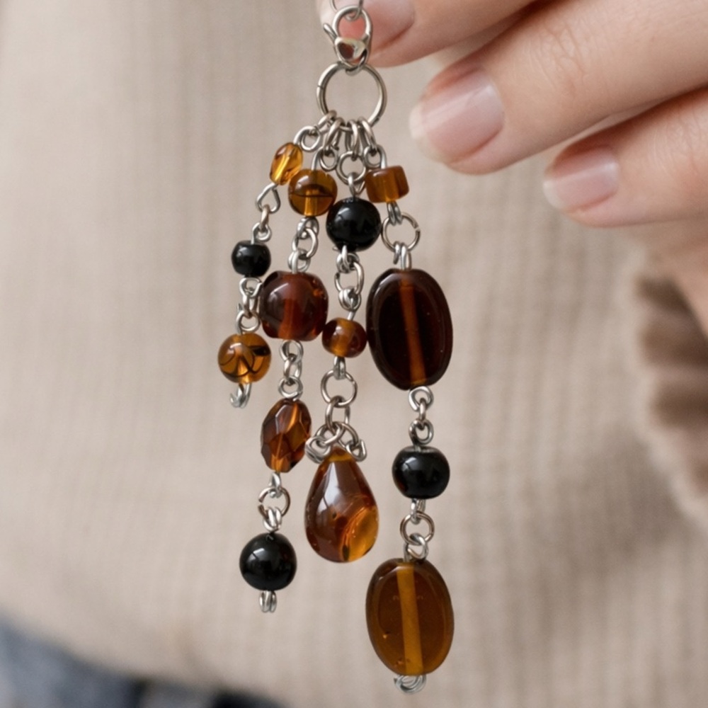 Amber Brown Black Beaded Charm - Keychain Bag Charm Zipper Pull | Minimalist - Picture 2 of 5